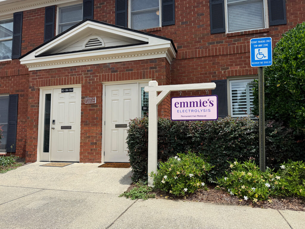 Exterior front entrance and signage for Emmie's Electrolysis in Savannah, Georgia